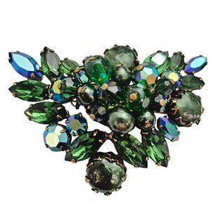 Regency Brooch Green AB Rhinestone Faux Baroque Pearl Cluster Pin Signed, C970